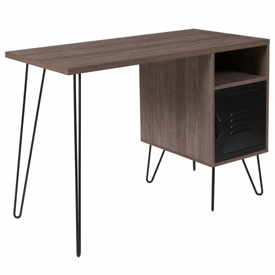 Office & Reception FLASH Desks | Woodridge Collection Computer Desk With Metal Cabinet Door And Black Metal Legs