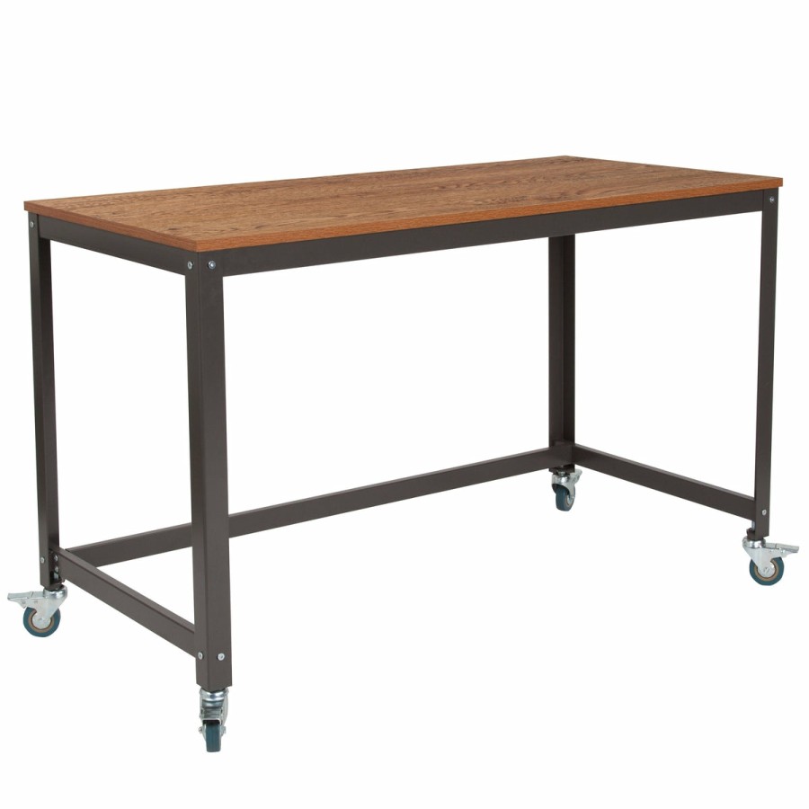 Office & Reception FLASH Desks | Livingston Collection Computer Table And Desk In Wood Grain Finish With Metal Wheels