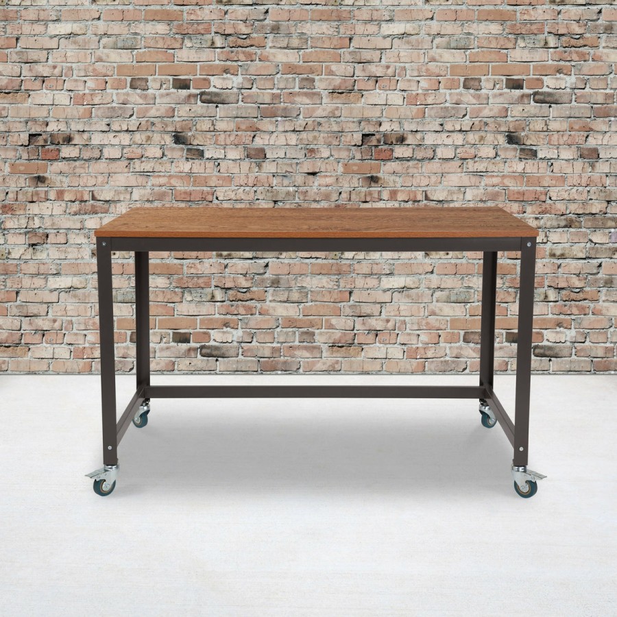 Office & Reception FLASH Desks | Livingston Collection Computer Table And Desk In Wood Grain Finish With Metal Wheels