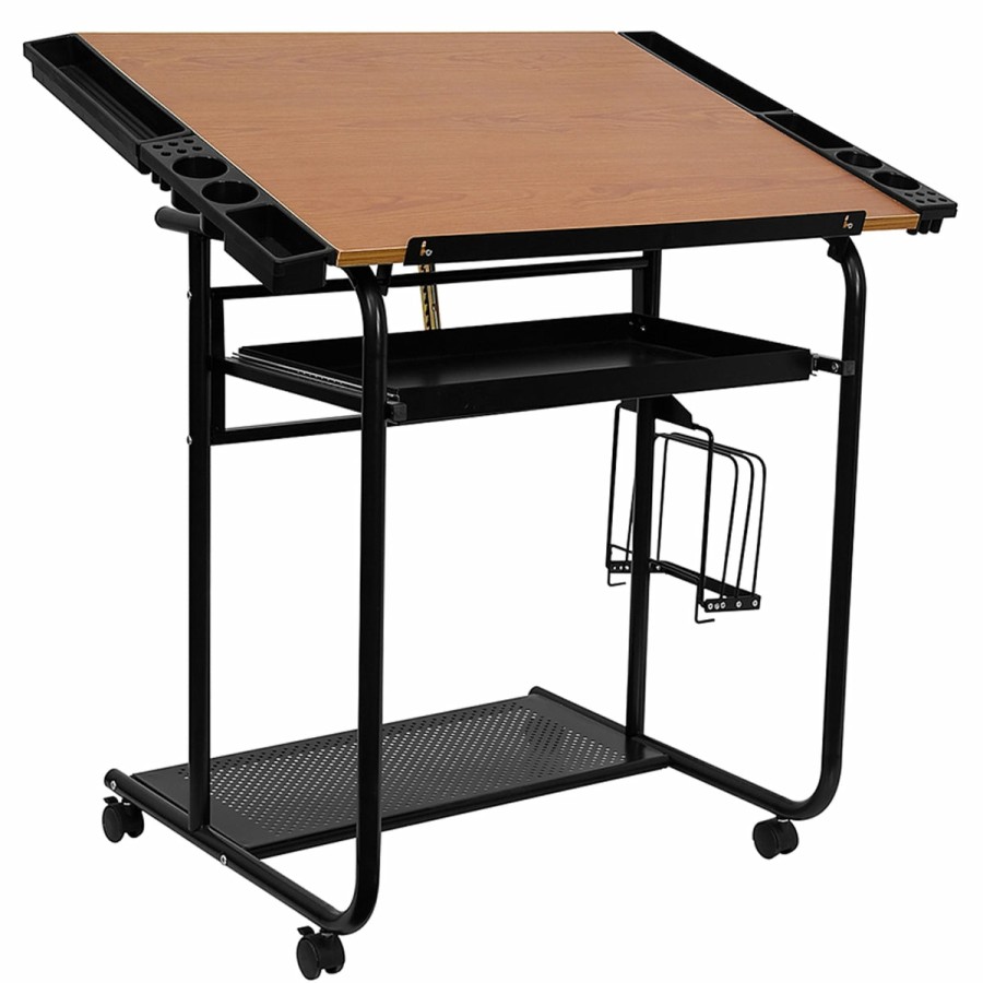 Office & Reception FLASH Drafting Tables | Adjustable Drawing And Drafting Table With Black Frame And Dual Wheel Casters