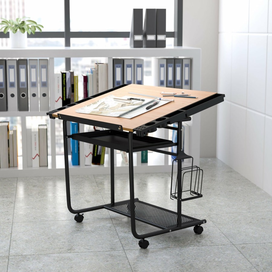 Office & Reception FLASH Drafting Tables | Adjustable Drawing And Drafting Table With Black Frame And Dual Wheel Casters