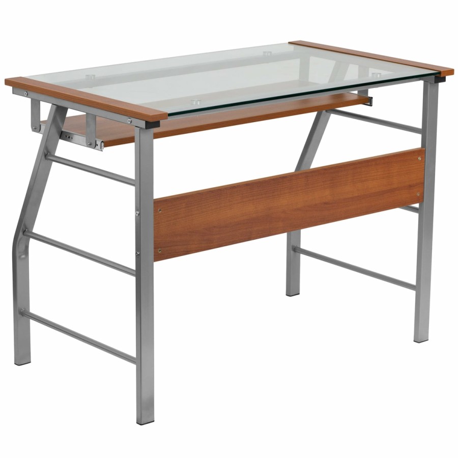 Office & Reception FLASH Desks | Glass Computer Desk With Pull-Out Keyboard Tray And Bowed Front Frame