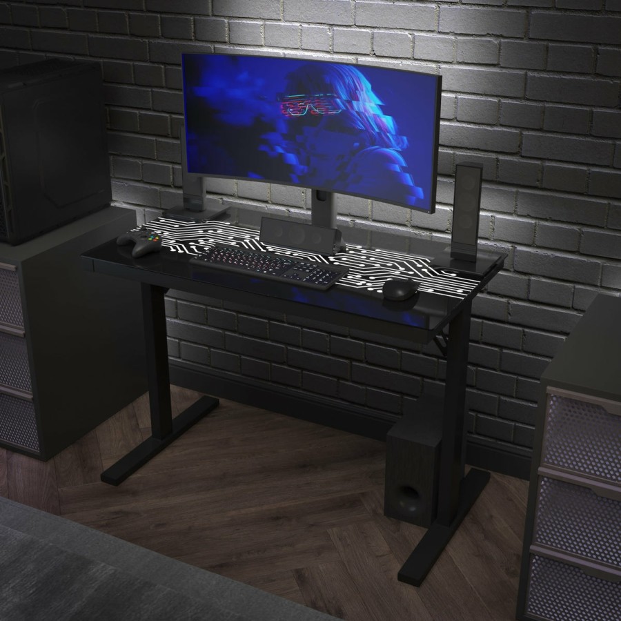 Office & Reception FLASH Gaming Desks & Chairs | Shan 43" Commercial Grade Gaming Desk With Led Lights, Tempered Glass Desktop, Home Or Office Computer Table, Steel Frame With Led Light Remote