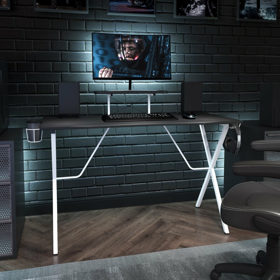 Office & Reception FLASH Gaming Desks & Chairs | Gaming Desk With Cup Holder, Headphone Hook, And Monitor/Smartphone Stand