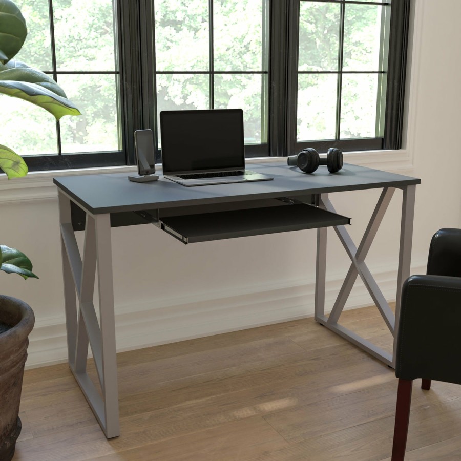 Office & Reception FLASH Desks | Computer Desk With Pull-Out Keyboard Tray And Cross-Brace Frame