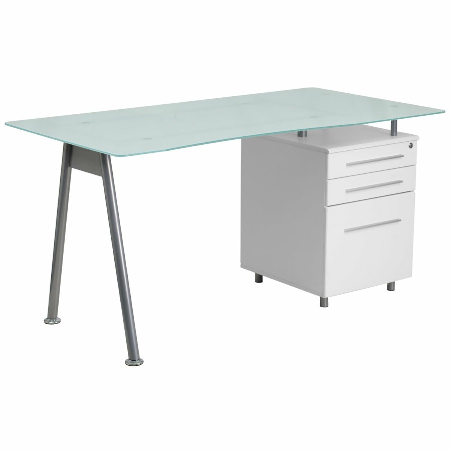 Office & Reception FLASH Desks | Glass Computer Desk With Three Drawer Pedestal