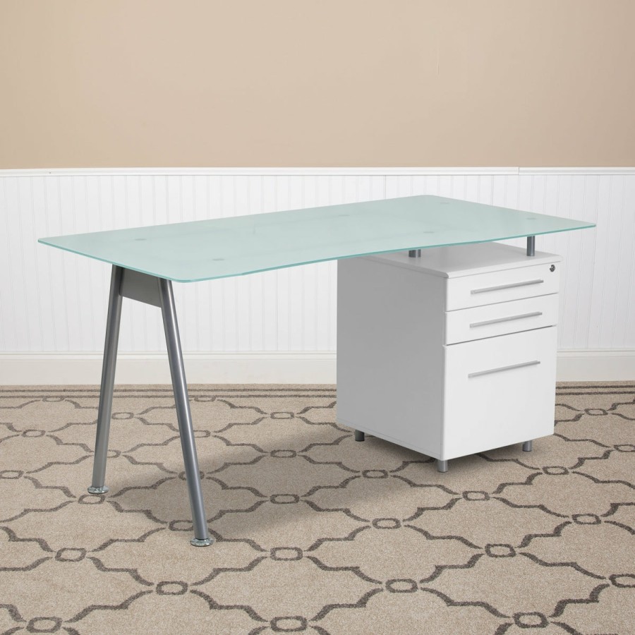 Office & Reception FLASH Desks | Glass Computer Desk With Three Drawer Pedestal