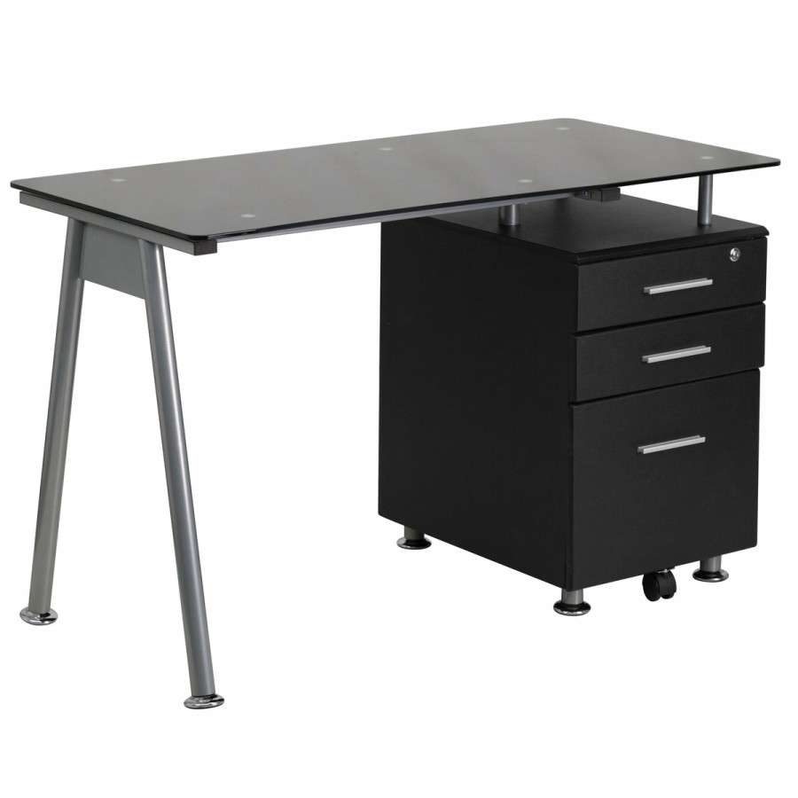 Office & Reception FLASH Desks | Glass Computer Desk With Three Drawer Pedestal