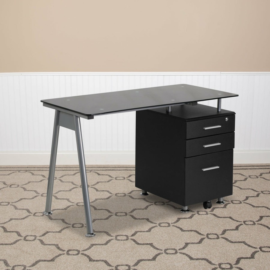 Office & Reception FLASH Desks | Glass Computer Desk With Three Drawer Pedestal