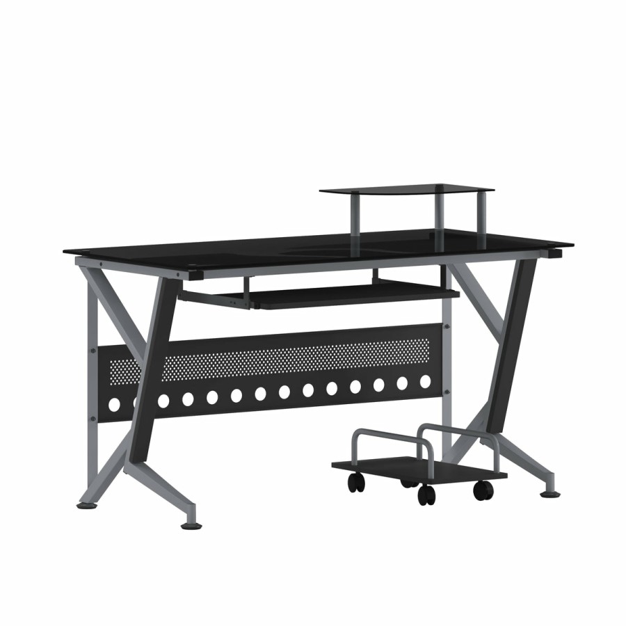 Office & Reception FLASH Desks | Glass Computer Desk With Pull-Out Keyboard Tray And Cpu Cart