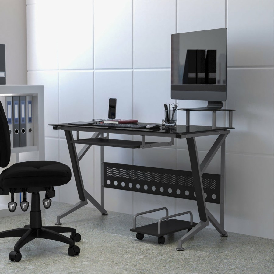 Office & Reception FLASH Desks | Glass Computer Desk With Pull-Out Keyboard Tray And Cpu Cart