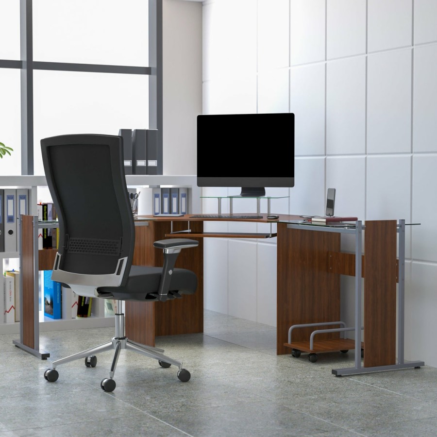 Office & Reception FLASH Desks | Laminate Corner Desk With Pull-Out Keyboard Tray And Cpu Cart