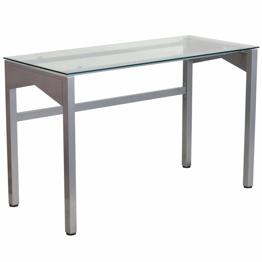 Office & Reception FLASH Desks | Contemporary Clear Tempered Glass Desk With Geometric Sides