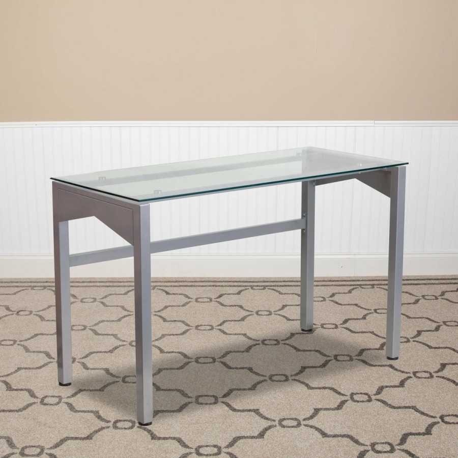 Office & Reception FLASH Desks | Contemporary Clear Tempered Glass Desk With Geometric Sides