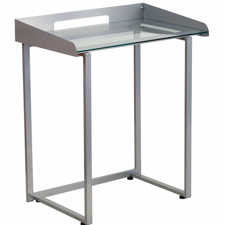 Office & Reception FLASH Desks | Contemporary Clear Tempered Glass Desk With Cable Management Border