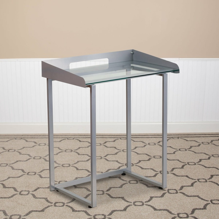 Office & Reception FLASH Desks | Contemporary Clear Tempered Glass Desk With Cable Management Border