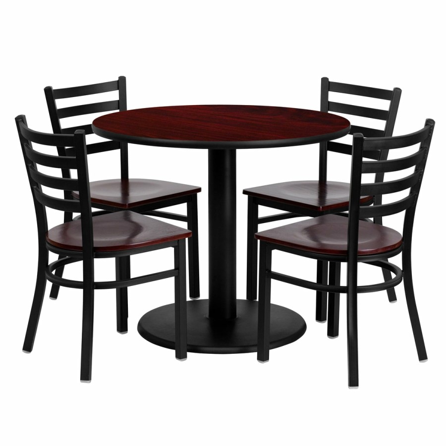 More T&D Restaurant Equipment | 36'' Round Laminate Table Set With 4 Ladder Back Metal Chairs