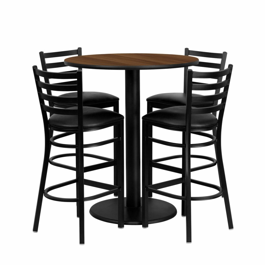 More T&D Restaurant Equipment | 36'' Round Laminate Table Set With 4 Ladder Back Metal Barstools