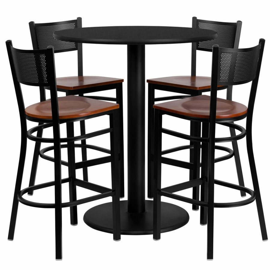 More T&D Restaurant Equipment | 36'' Round Laminate Table Set With 4 Grid Back Metal Barstools