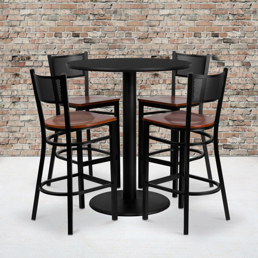 More T&D Restaurant Equipment | 36'' Round Laminate Table Set With 4 Grid Back Metal Barstools