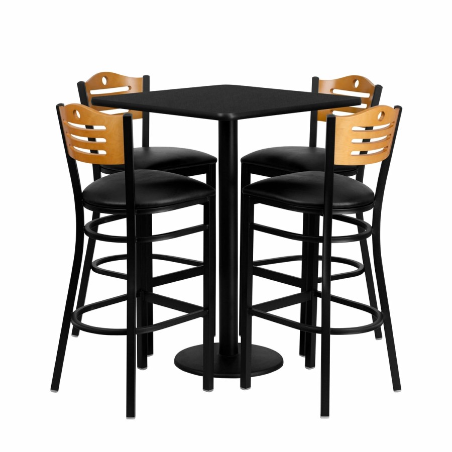 More T&D Restaurant Equipment | 30'' Square Laminate Table Set With 4 Wood Slat Back Metal Barstools