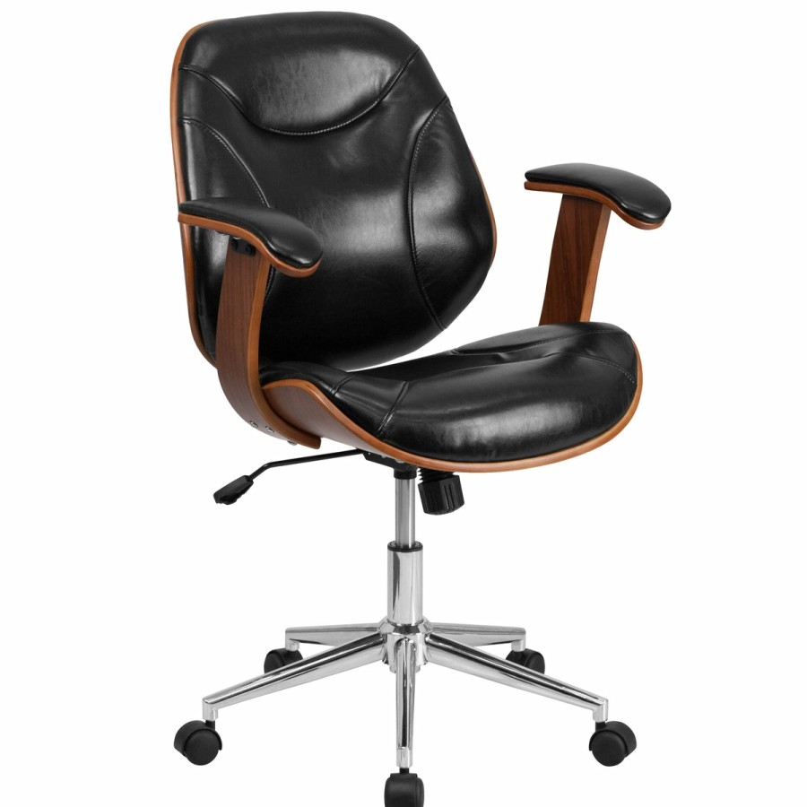 Office & Reception FLASH Executive Office Chairs | Mid-Back Leathersoft Executive Ergonomic Wood Swivel Office Chair With Arms