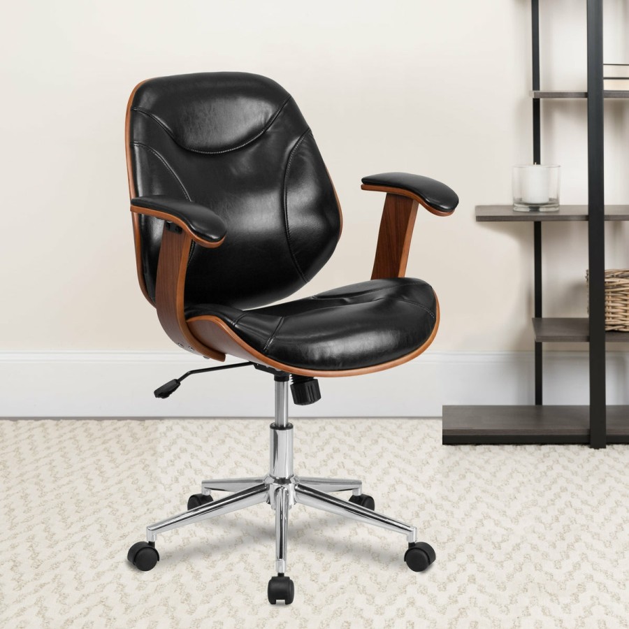 Office & Reception FLASH Executive Office Chairs | Mid-Back Leathersoft Executive Ergonomic Wood Swivel Office Chair With Arms