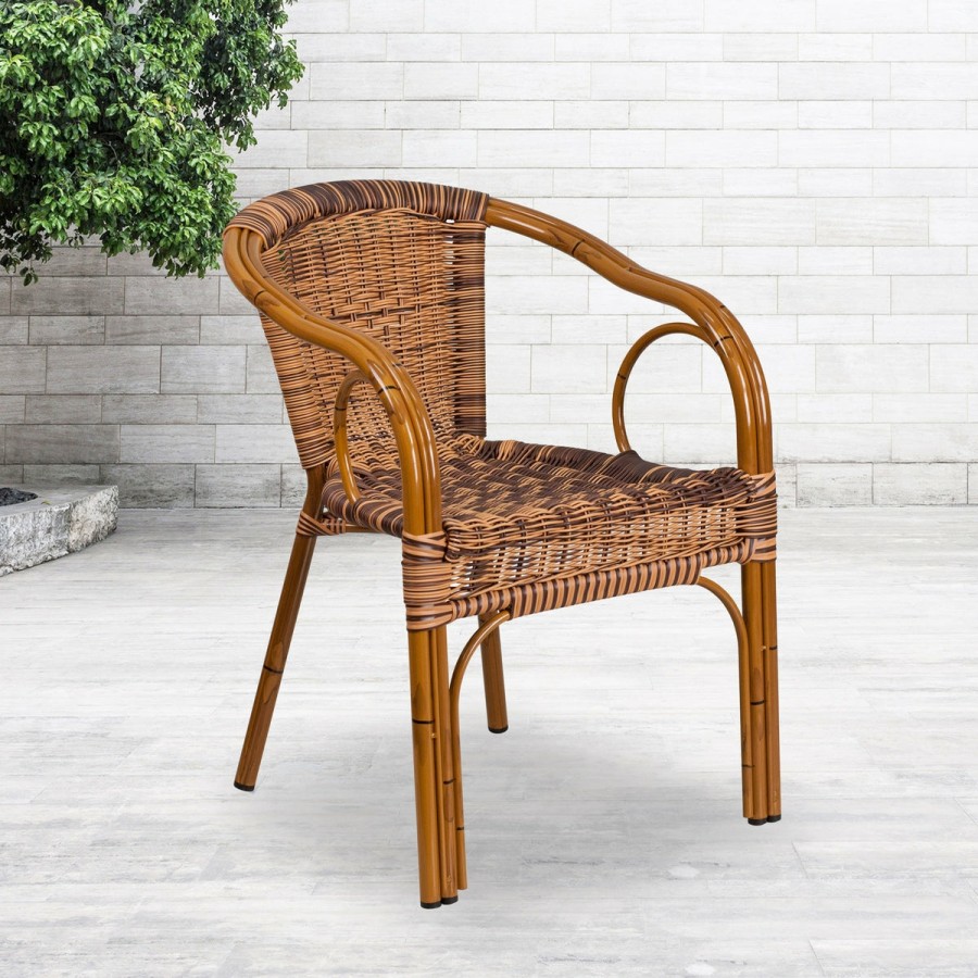 More FLASH | Cadiz Series Rattan Restaurant Patio Chair With Bamboo-Aluminum Frame