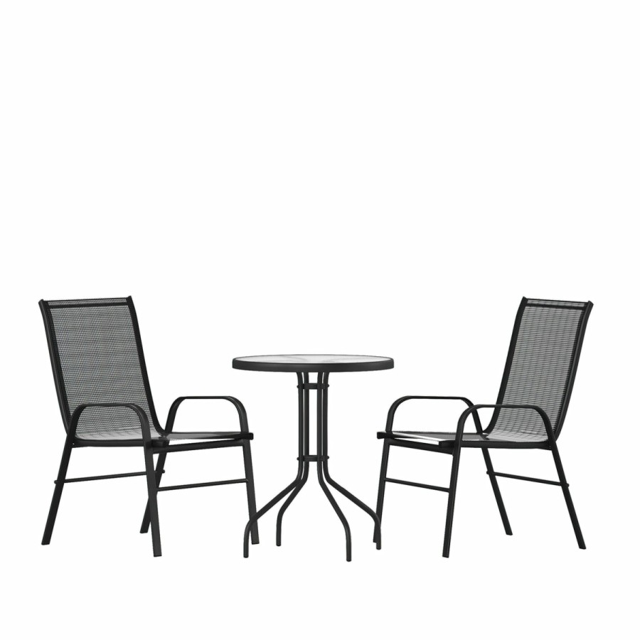 More FLASH | Brazos 3 Piece Outdoor Patio Dining Set - Tempered Glass Patio Table, 2 Flex Comfort Stack Chairs