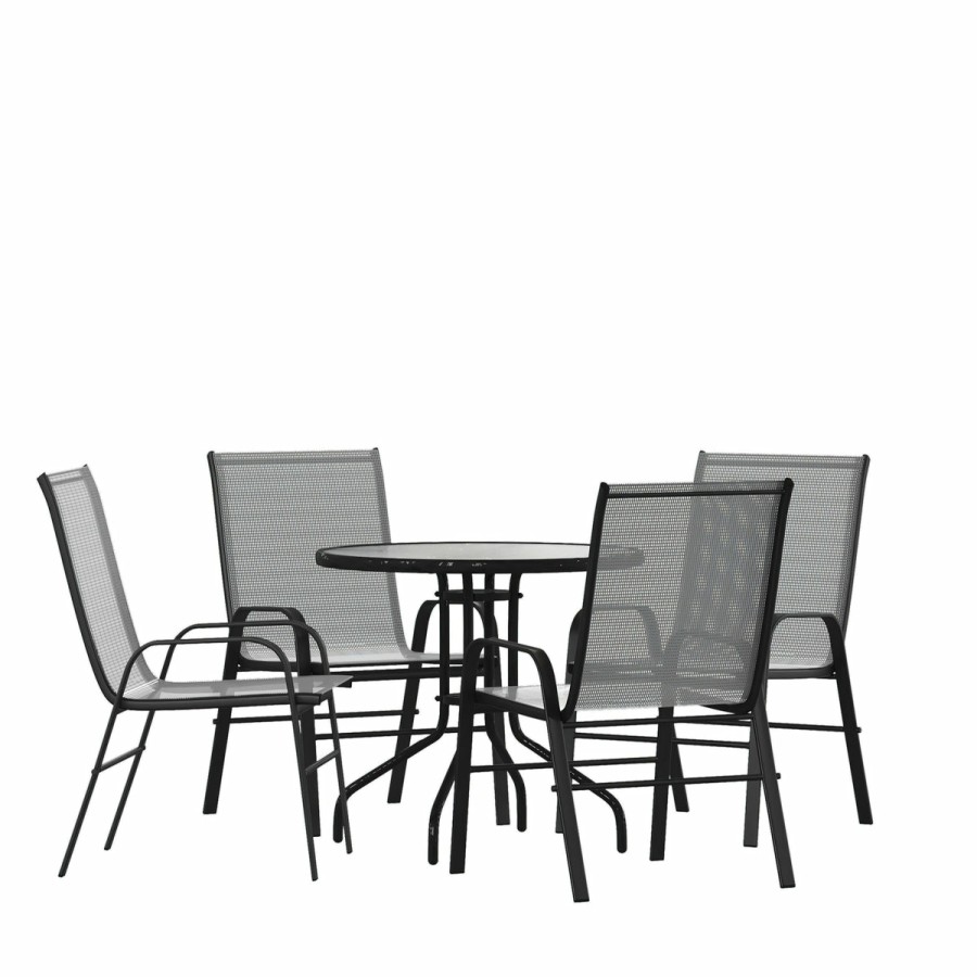 More FLASH | Brazos 5 Piece Outdoor Patio Dining Set - Tempered Glass Patio Table, 4 Flex Comfort Stack Chairs