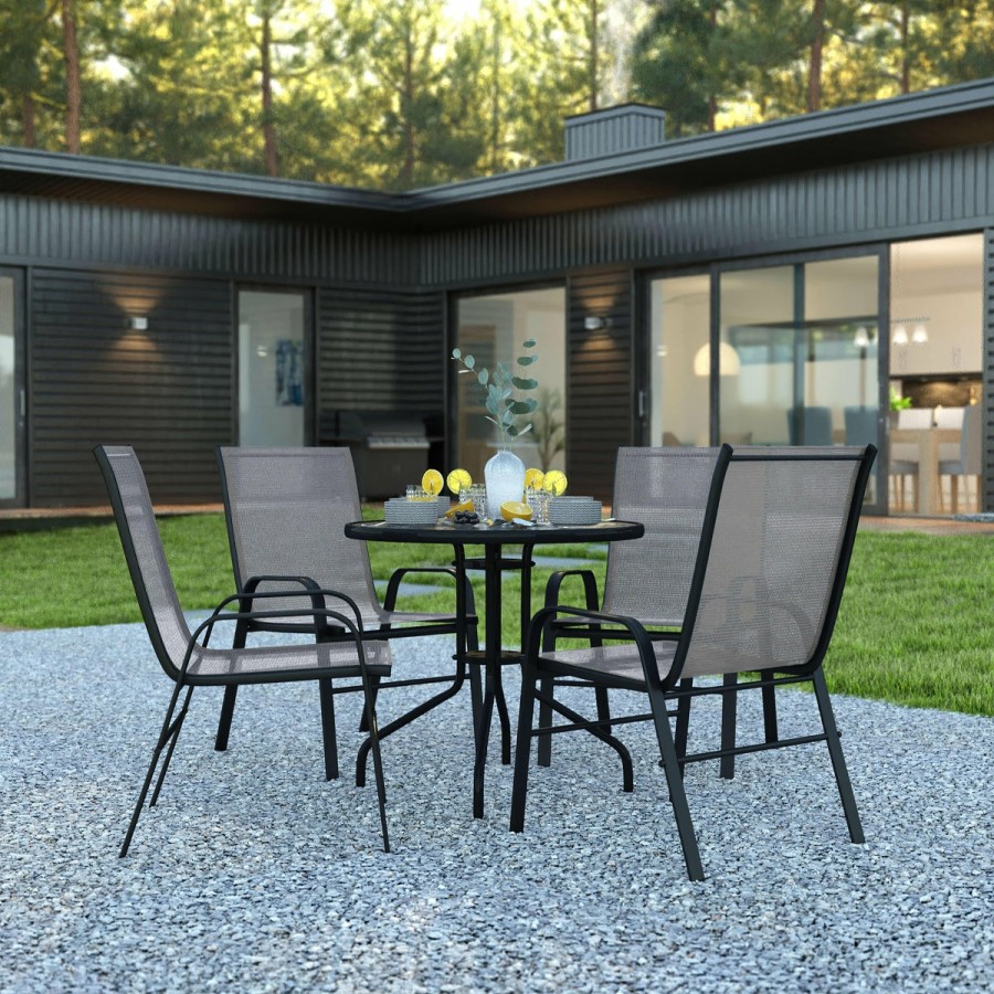 More FLASH | Brazos 5 Piece Outdoor Patio Dining Set - Tempered Glass Patio Table, 4 Flex Comfort Stack Chairs