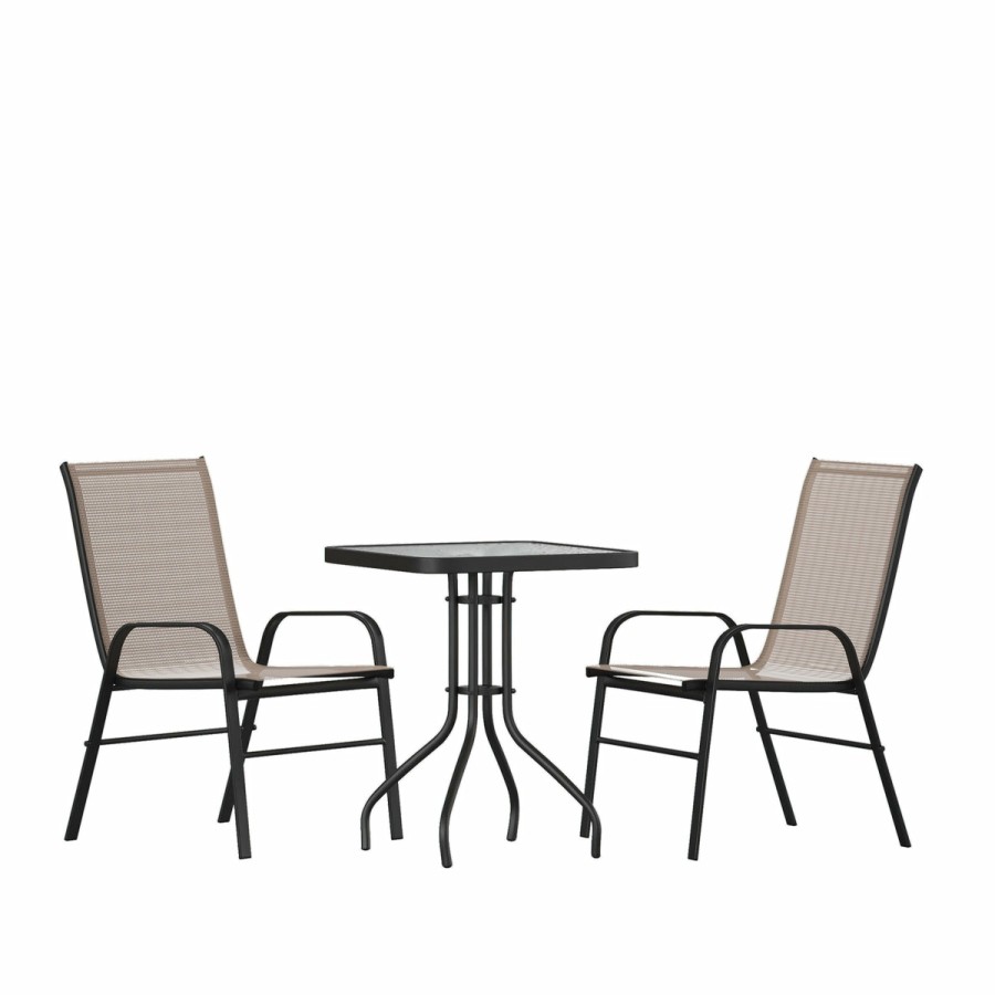 More FLASH | Brazos 3 Piece Outdoor Patio Dining Set - Tempered Glass Patio Table, 2 Flex Comfort Stack Chairs