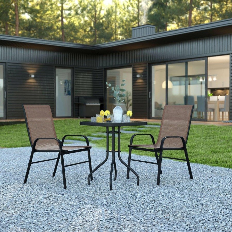 More FLASH | Brazos 3 Piece Outdoor Patio Dining Set - Tempered Glass Patio Table, 2 Flex Comfort Stack Chairs