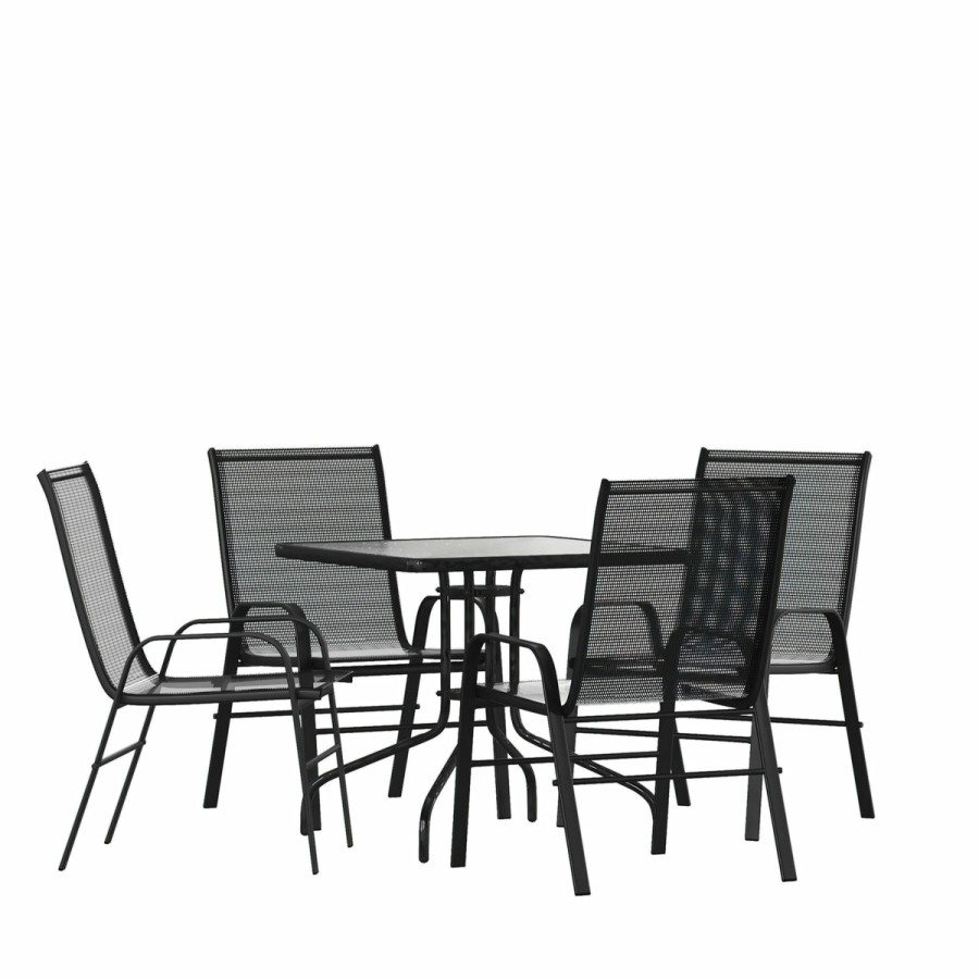 More FLASH | Brazos 5 Piece Outdoor Patio Dining Set - Tempered Glass Patio Table, 4 Flex Comfort Stack Chairs