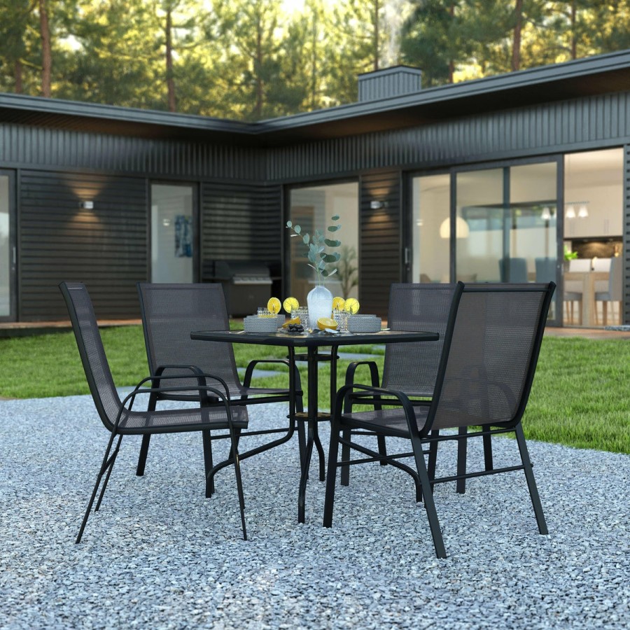 More FLASH | Brazos 5 Piece Outdoor Patio Dining Set - Tempered Glass Patio Table, 4 Flex Comfort Stack Chairs