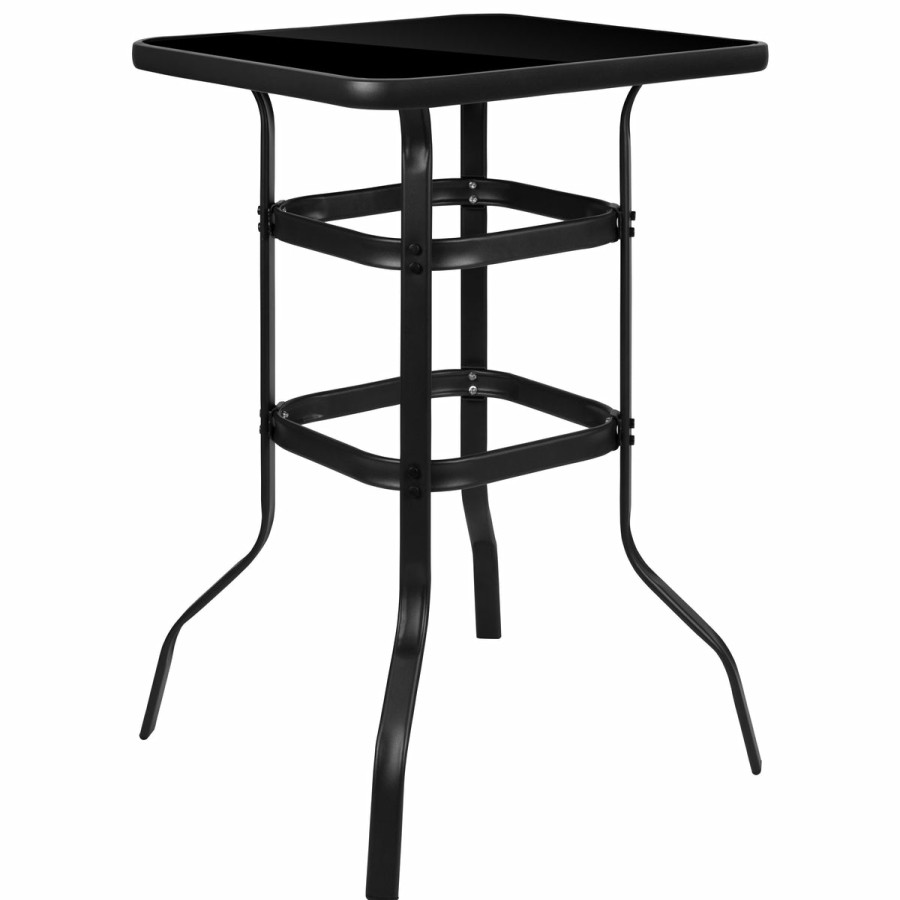 More FLASH | Barker 27.5" Square Tempered Glass Bar Height Metal Patio Bar Table