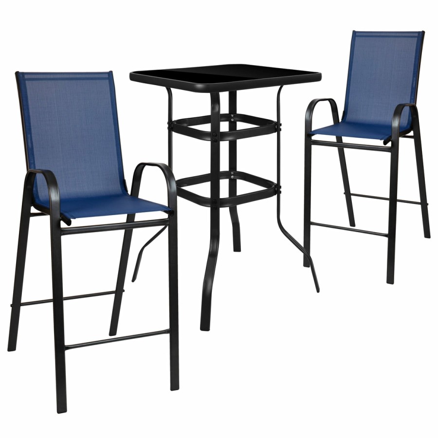 More FLASH | Brazos Outdoor Dining Set - 2-Person Bistro Set - Outdoor Glass Bar Table With All-Weather Patio Stools