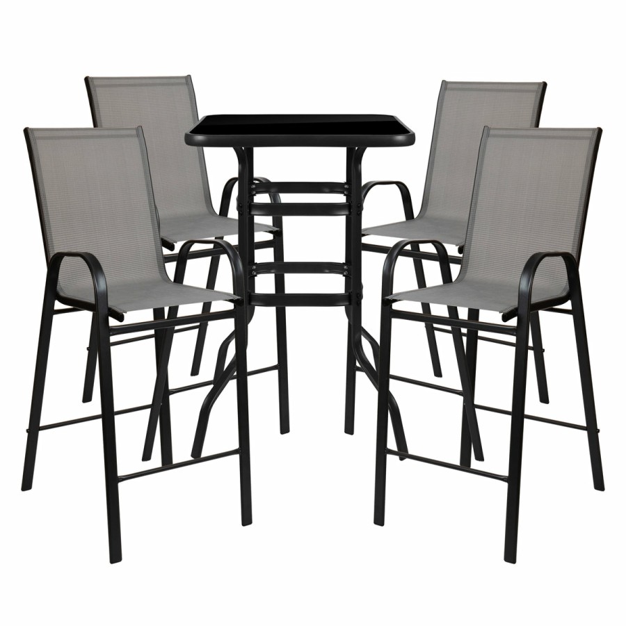 More FLASH | Brazos Outdoor Dining Set - 4-Person Bistro Set - Outdoor Glass Bar Table With All-Weather Patio Stools