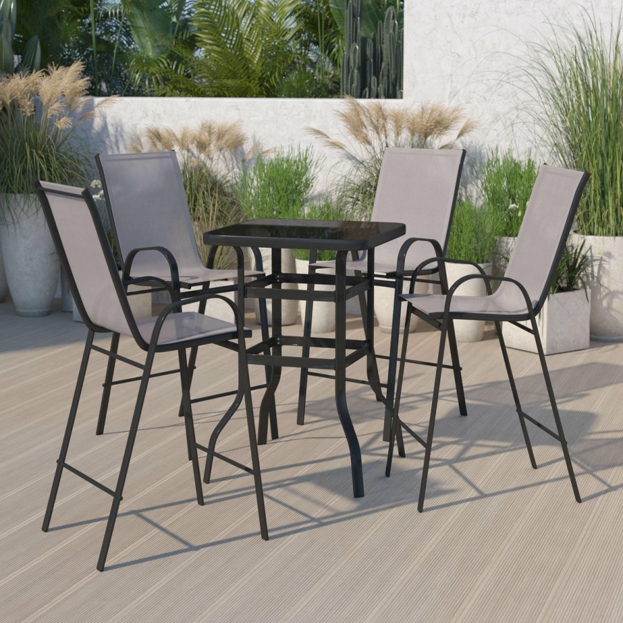 More FLASH | Brazos Outdoor Dining Set - 4-Person Bistro Set - Outdoor Glass Bar Table With All-Weather Patio Stools