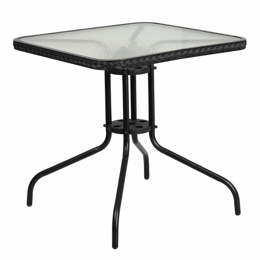 More FLASH | Barker 28'' Square Tempered Glass Metal Table With Rattan Edging