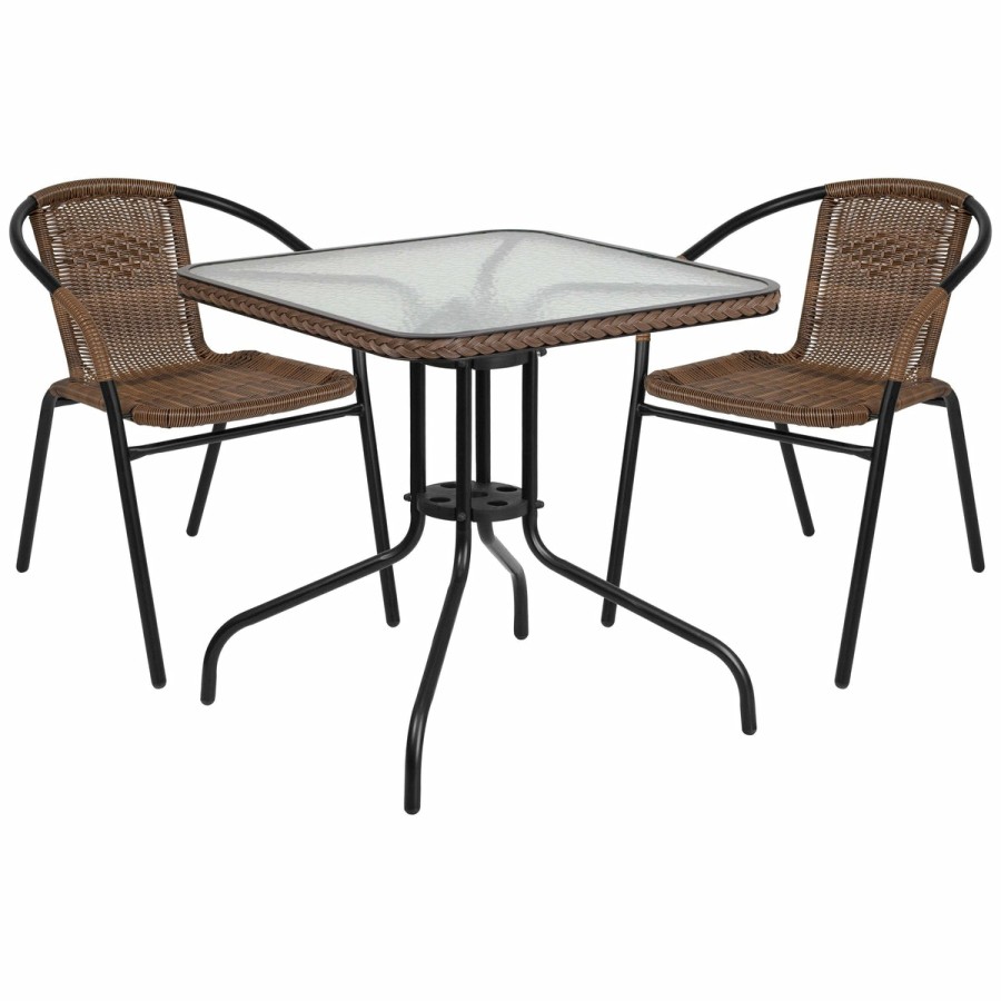 More FLASH | Barker 28'' Square Glass Metal Table With Rattan Edging And 2 Rattan Stack Chairs