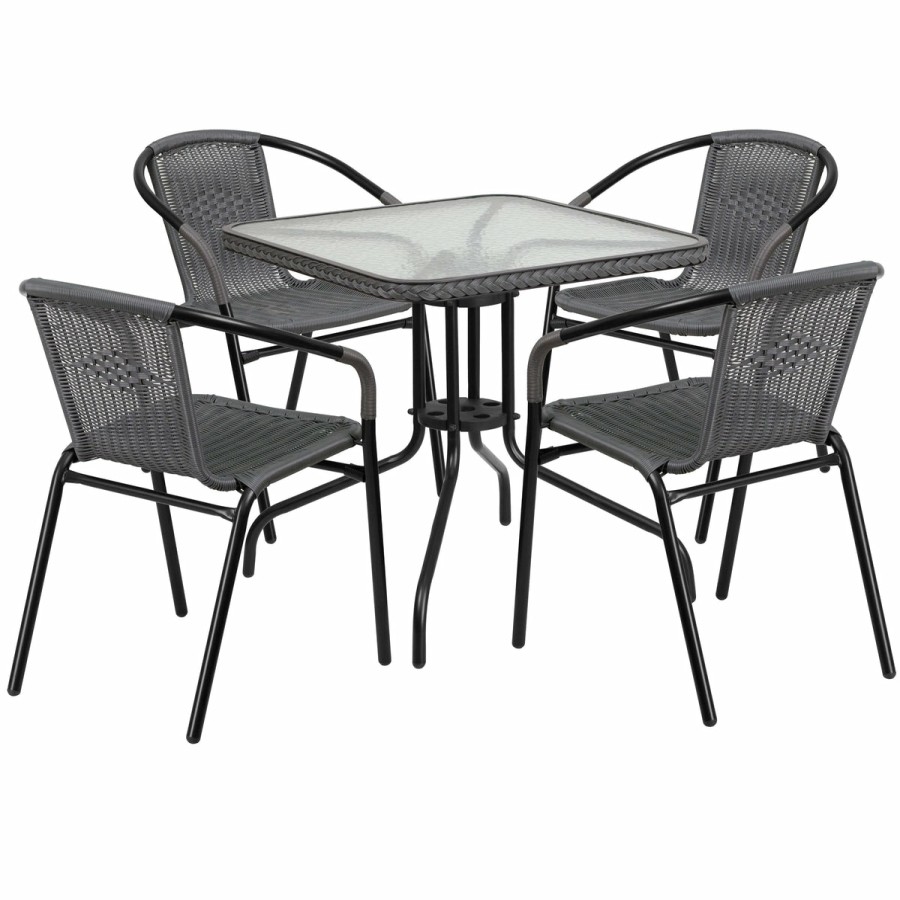 More FLASH | Barker 28'' Square Glass Metal Table With Rattan Edging And 4 Rattan Stack Chairs