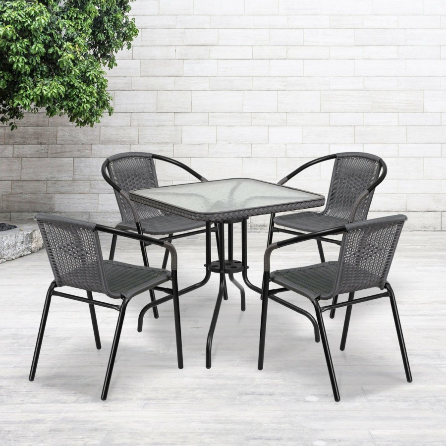 More FLASH | Barker 28'' Square Glass Metal Table With Rattan Edging And 4 Rattan Stack Chairs