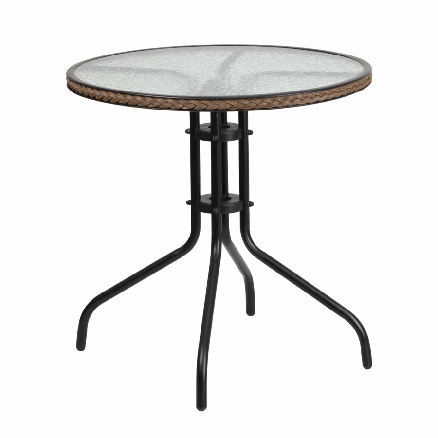 More FLASH | Barker 28'' Round Tempered Glass Metal Table With Rattan Edging