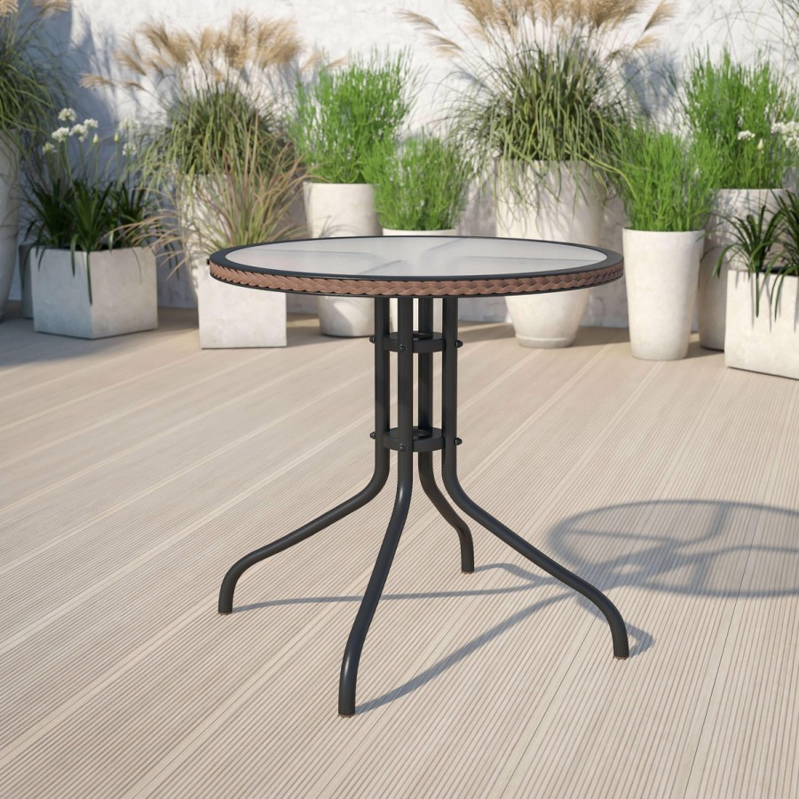 More FLASH | Barker 28'' Round Tempered Glass Metal Table With Rattan Edging