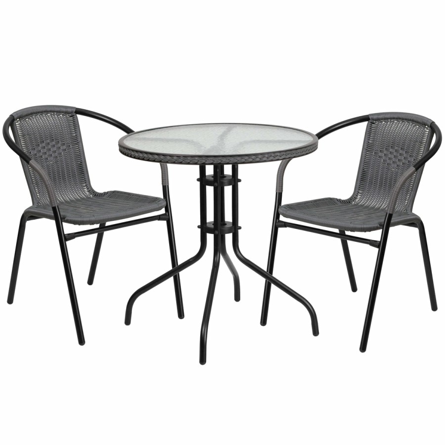 More FLASH | Barker 28'' Round Glass Metal Table With Rattan Edging And 2 Rattan Stack Chairs