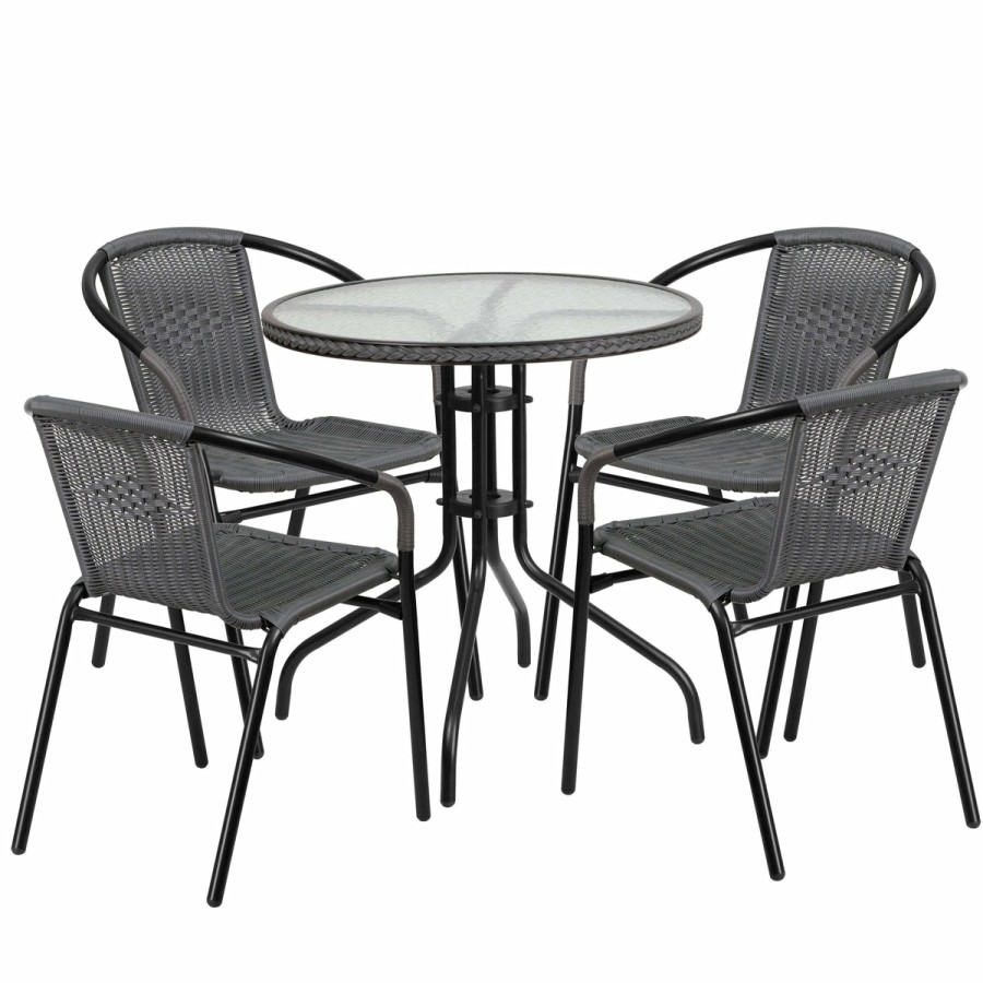 More FLASH | Barker 28'' Round Glass Metal Table With Rattan Edging And 4 Rattan Stack Chairs