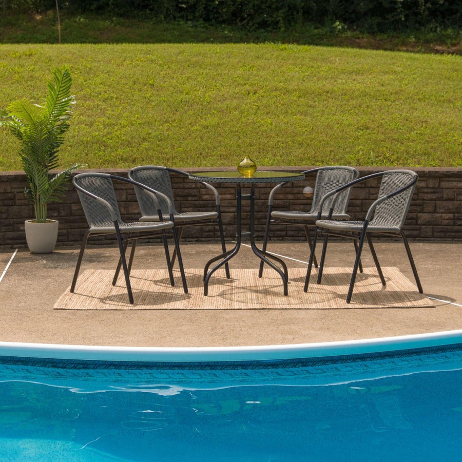 More FLASH | Barker 28'' Round Glass Metal Table With Rattan Edging And 4 Rattan Stack Chairs