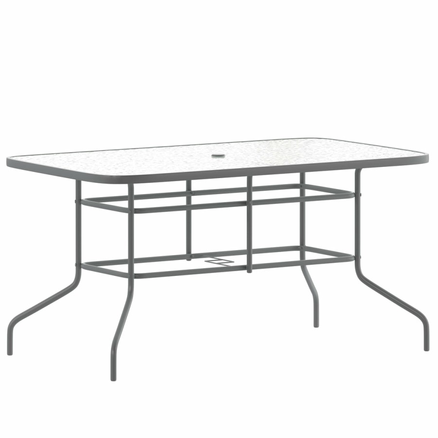 More FLASH | Tory 31.5" X 55" Rectangular Tempered Glass Metal Table With Umbrella Hole