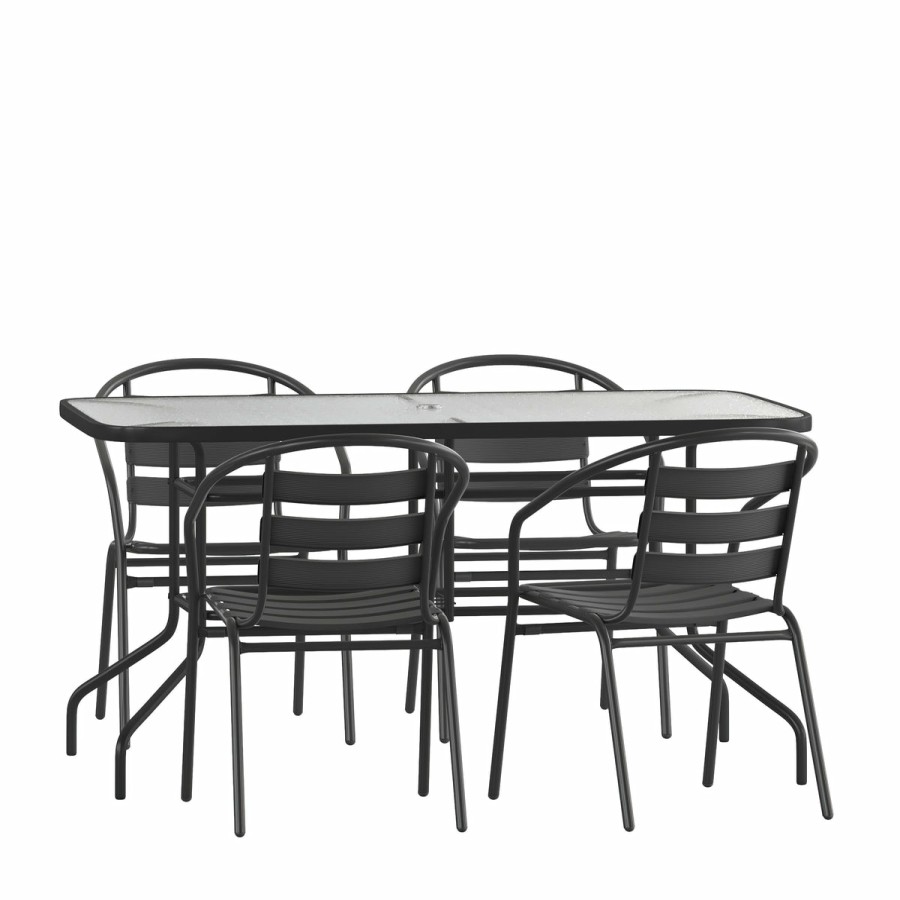 More FLASH | Brazos 5 Piece Outdoor Patio Dining Set - Tempered Glass Patio Table, 4 Flex Comfort Stack Chairs